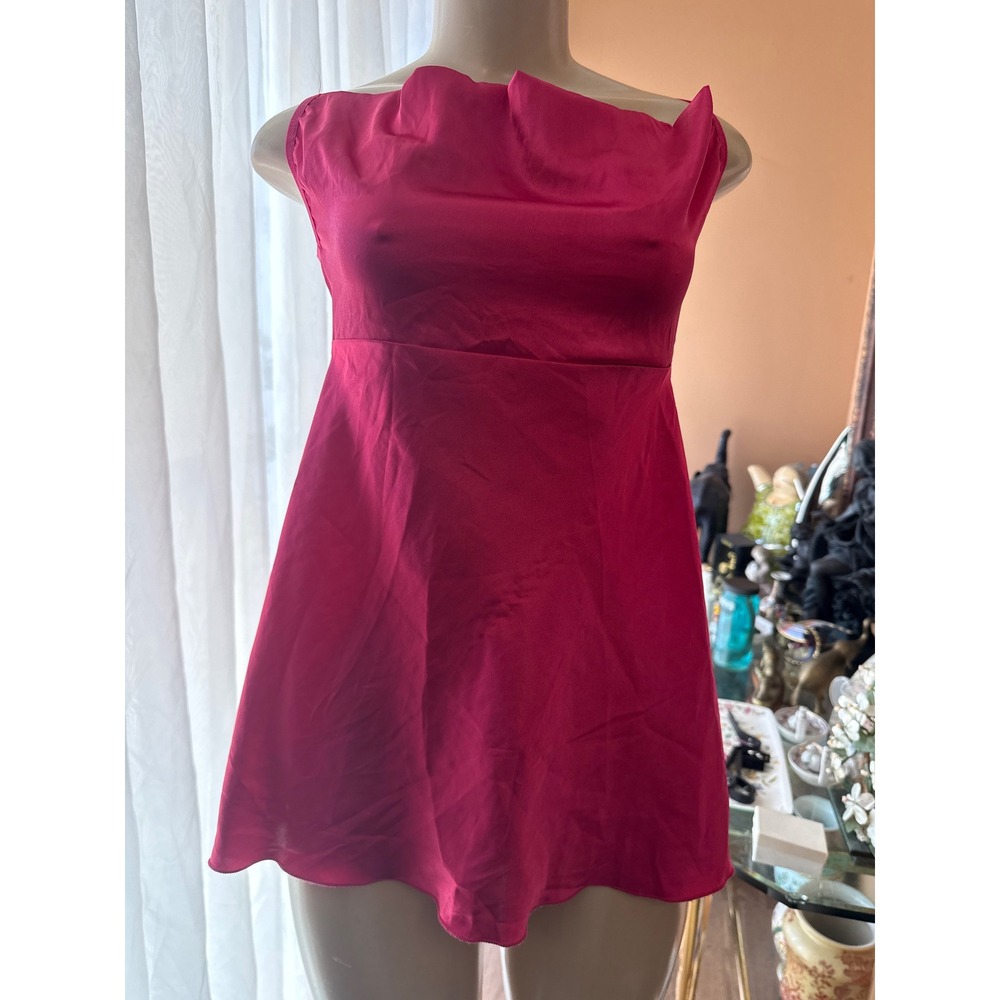 Magenta Pink Satin Cowl Neck Open Back Mini Dress Medium Crisscross Tie